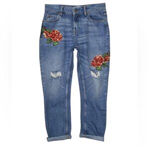 Zara‎ Boyfriend Floral Embroidered Sequins High Rise Jeans Distressed  Roses 2